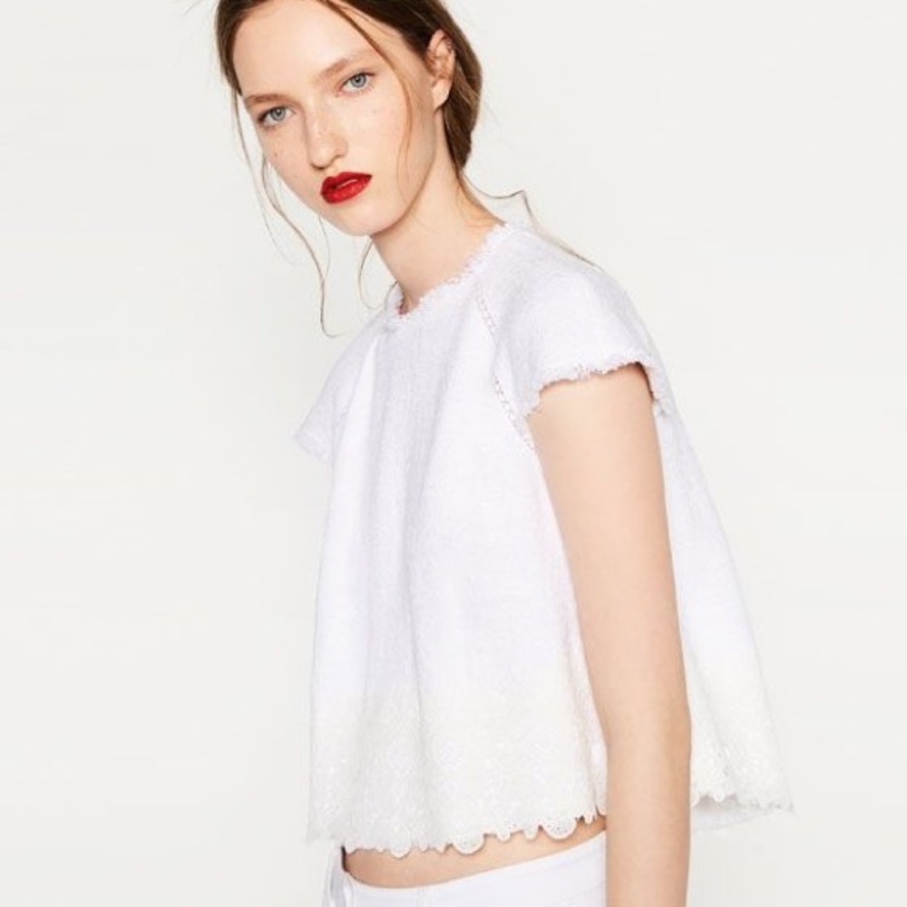 ZARA White Crochet Lace Raw Hem Crop Top